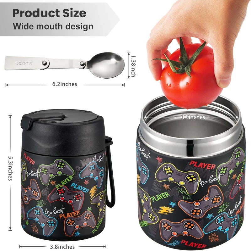Howeemo 17oz Soup Thermo for Hot Food Kids,Insulated Food Jar with Spoon,Thermo Hot Food Lunch Container,Wide Mouth Leakproof Stainless Steel Lunch Box for School-Black Game - Image 5